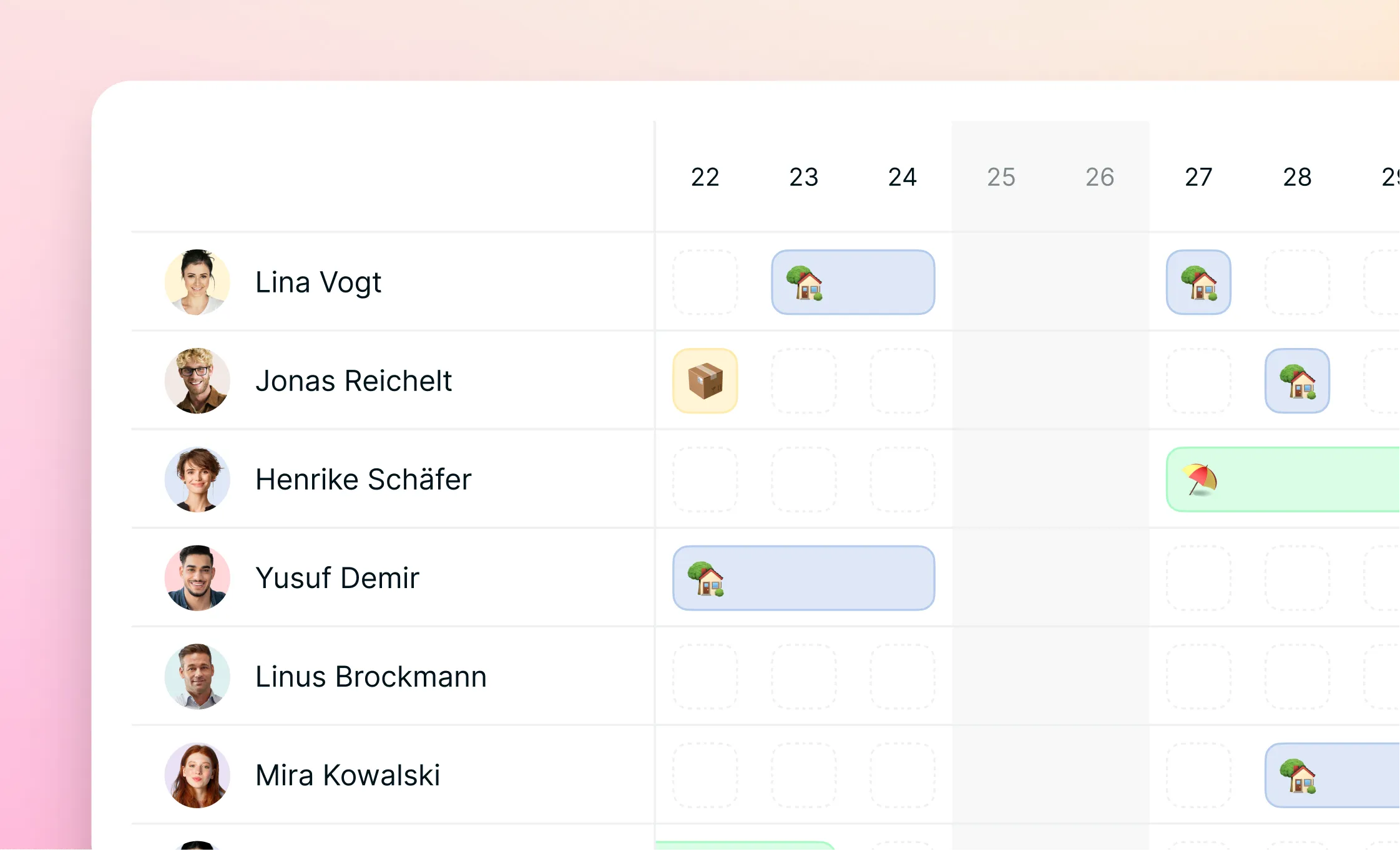 Team-Kalender: sieh auf einen Blick, wo jede Person ist