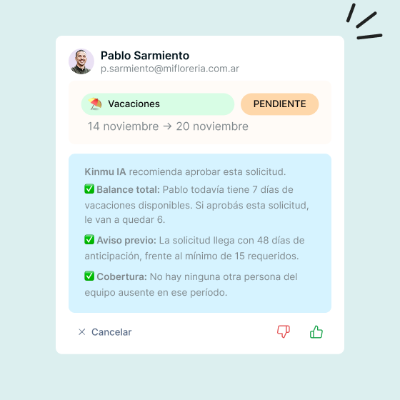 Sugerencia de la IA de Kinmu para aprobar una solicitud