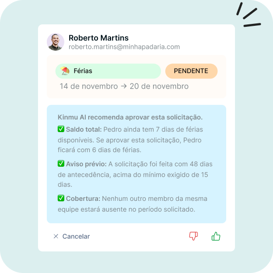 Sugestão da IA da Kinmu para aprovar uma solicitação