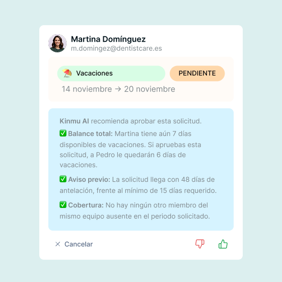 Sugerencia de la IA de Kinmu para aprobar una solicitud