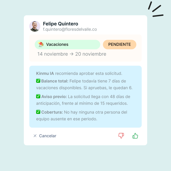 Sugerencia de la IA de Kinmu para aprobar una solicitud