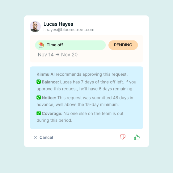 Kinmu AI suggestion to approve a request