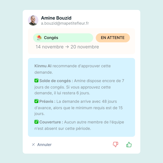 Suggestion de l'IA de Kinmu pour approuver une demande