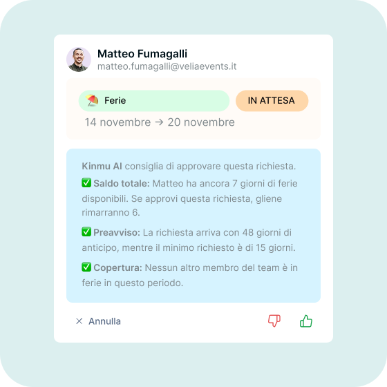 Suggerimento dell'IA di Kinmu per approvare una richiesta
