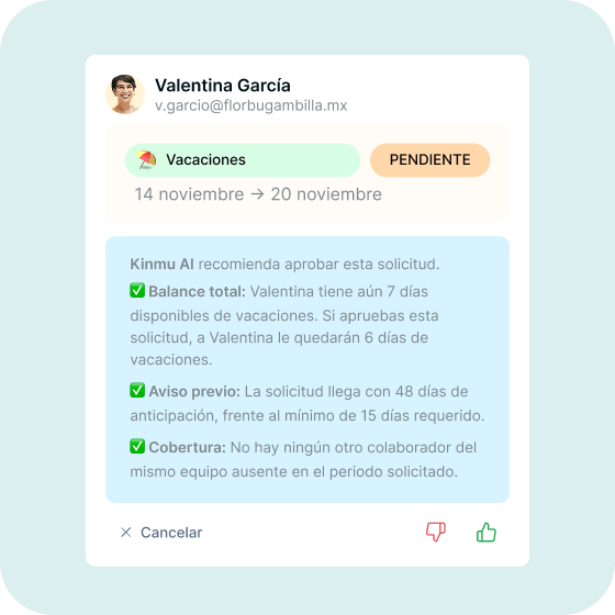 Sugerencia de la IA de Kinmu para aprobar una solicitud