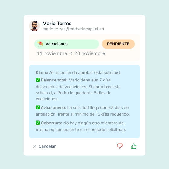 Sugerencia de la IA de Kinmu para aprobar una solicitud