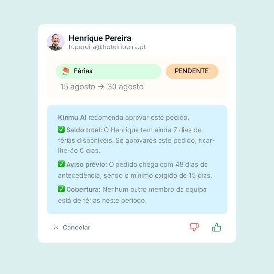 Sugestão da IA do Kinmu para aprovar um pedido