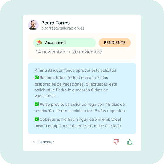 Sugerencia de la IA de Kinmu para aprobar una solicitud