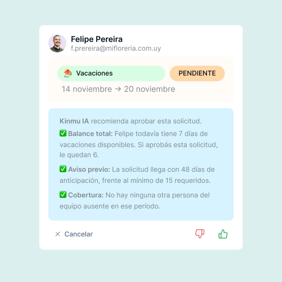 Sugerencia de la IA de Kinmu para aprobar una solicitud