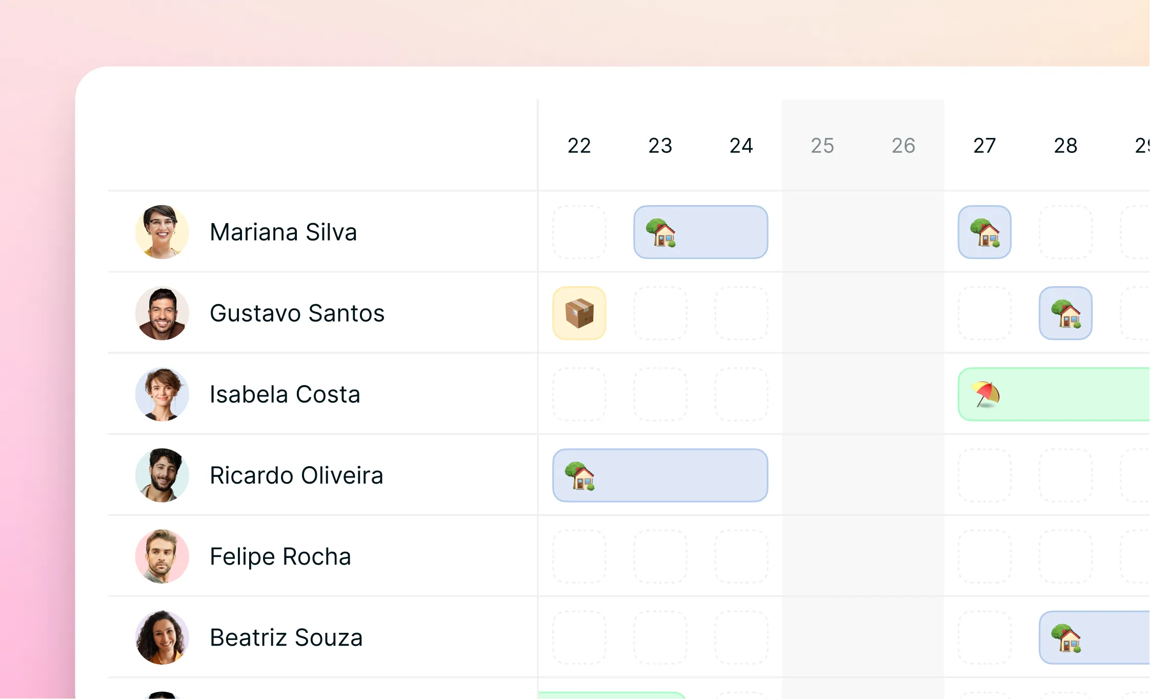 Calendário da equipe: veja onde cada pessoa está num relance