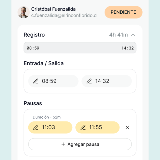 Edición de un fichaje con entrada, salida y pausas