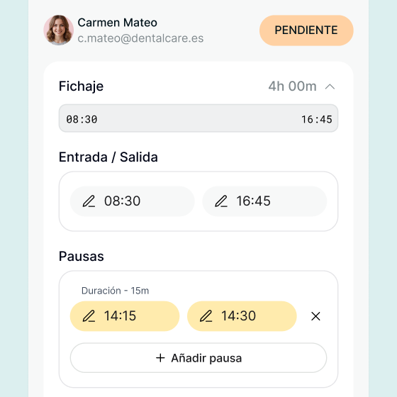 Edición de un fichaje con entrada, salida y pausas