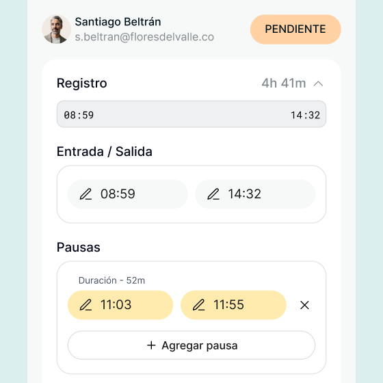 Edición de una marcación con entrada, salida y pausas