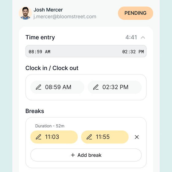 Editing a clock-in with entry, exit and breaks