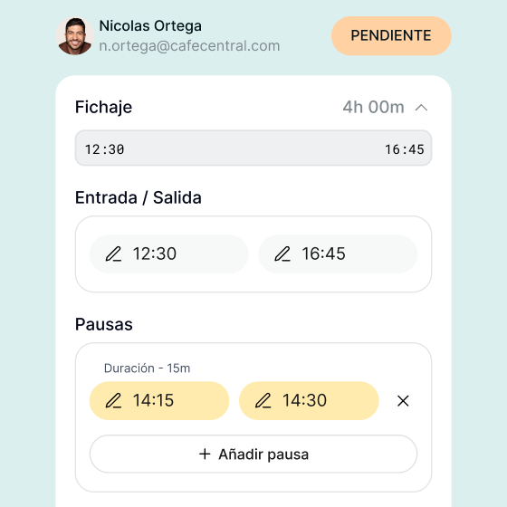 Edición de un fichaje con entrada, salida y pausas