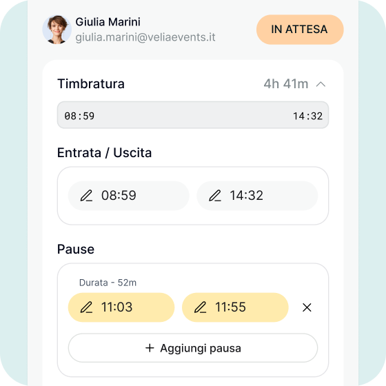Modifica di una timbratura con entrata, uscita e pause