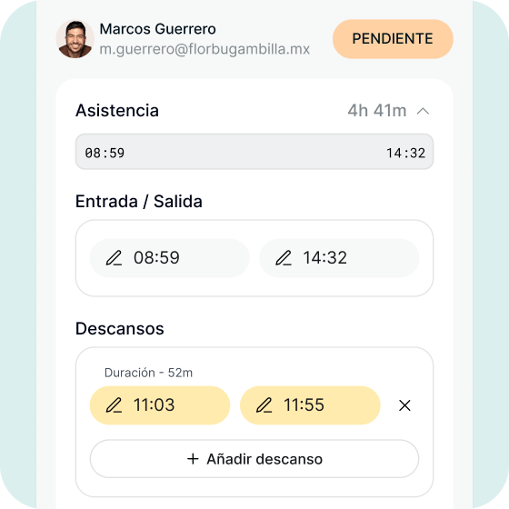 Edición de una checada con entrada, salida y descansos