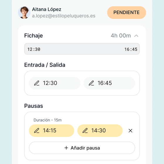 Edición de un fichaje con entrada, salida y pausas