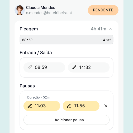Edição de uma marcação com entrada, saída e pausas