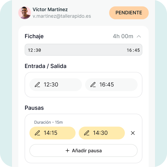 Edición de un fichaje con entrada, salida y pausas