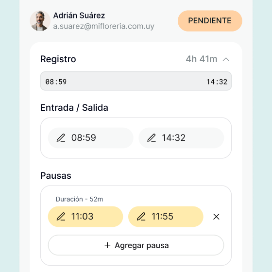 Edición de un fichaje con entrada, salida y pausas