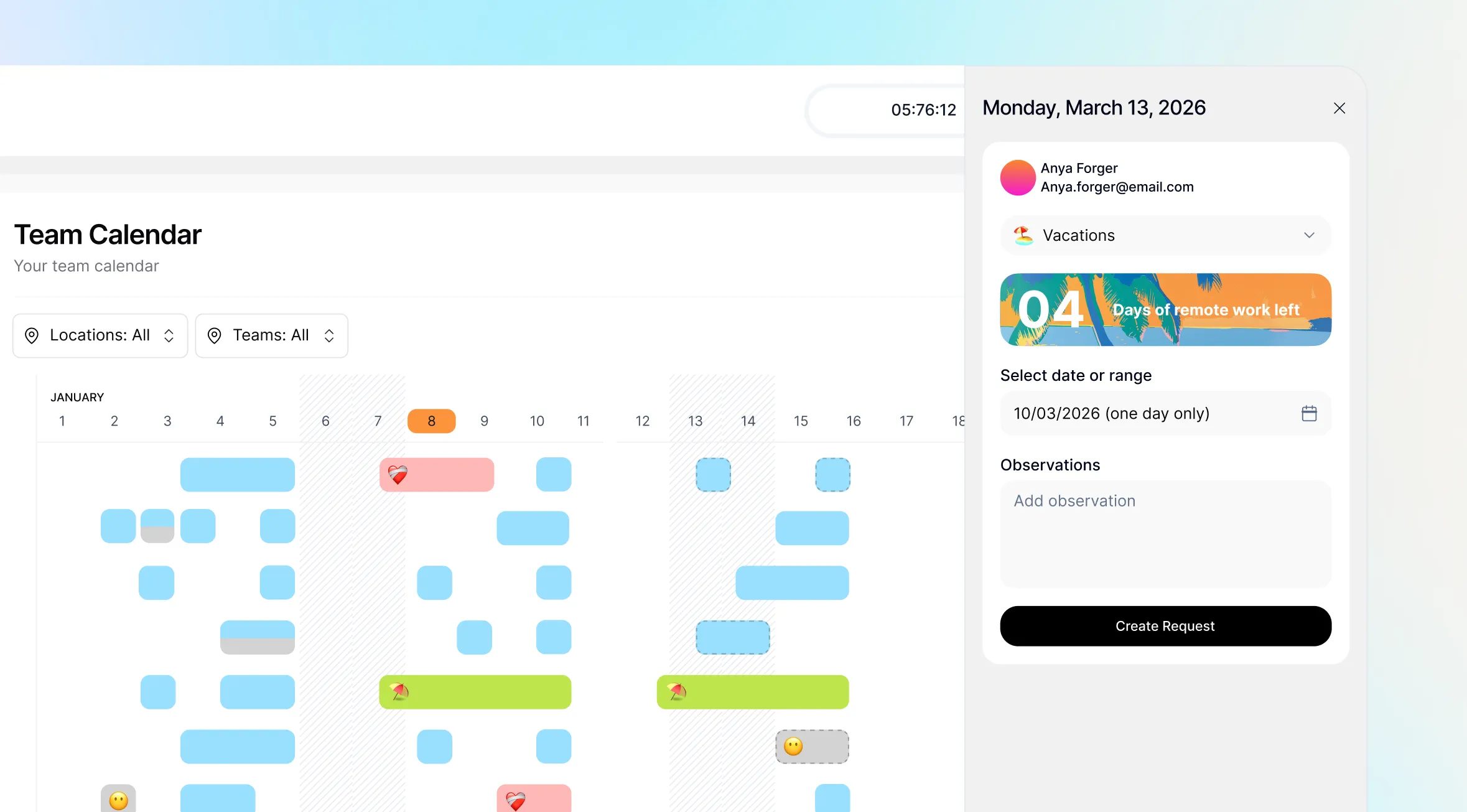 Absence management panel in Kinmu
