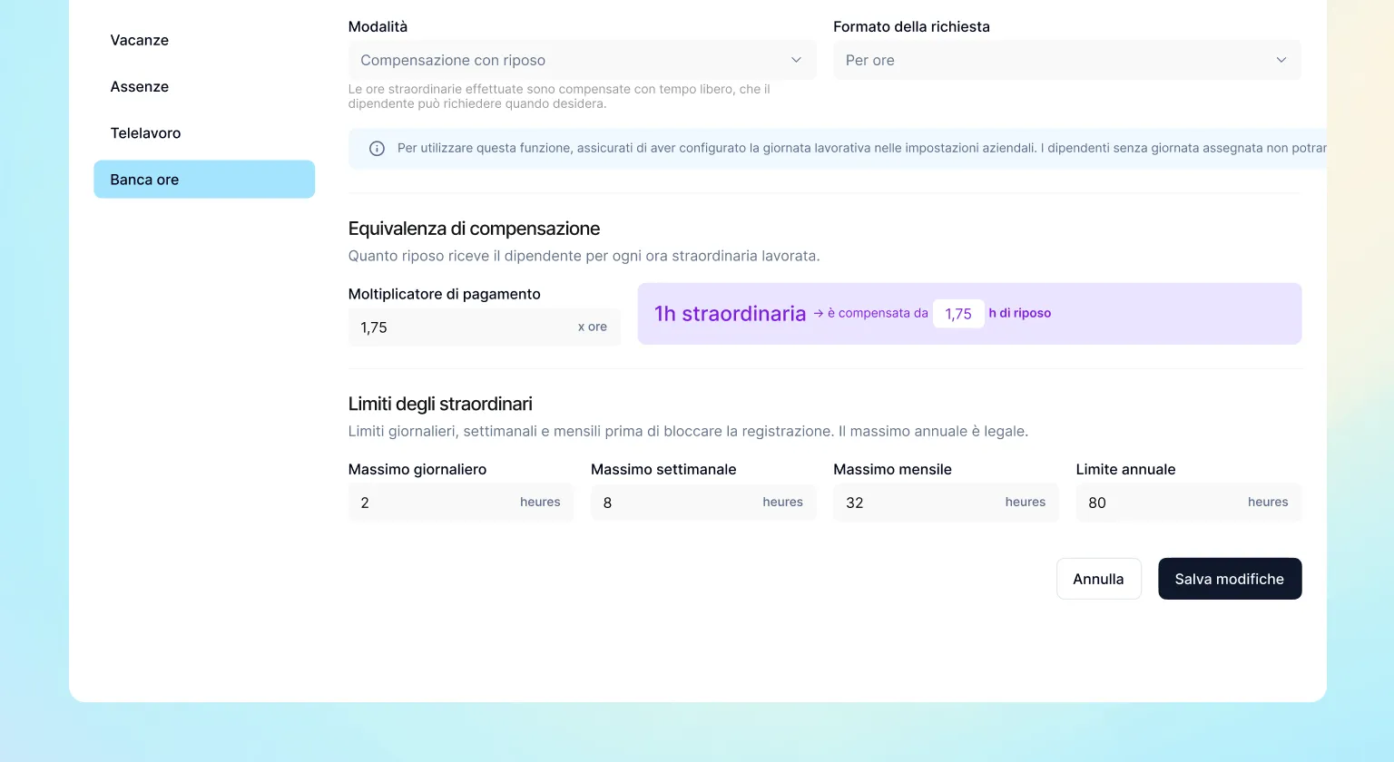 Banca ore: gestisci e compensa gli straordinari del tuo team