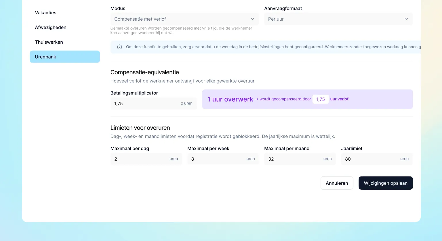 Urenbank: beheer en compenseer de overuren van je team