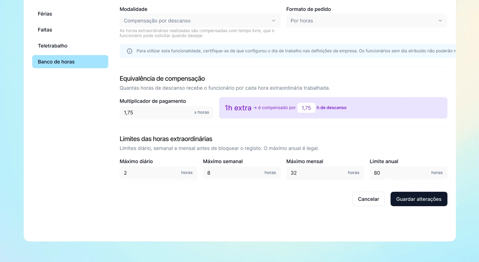 Banco de horas: gere e compensa as horas extra da tua equipa