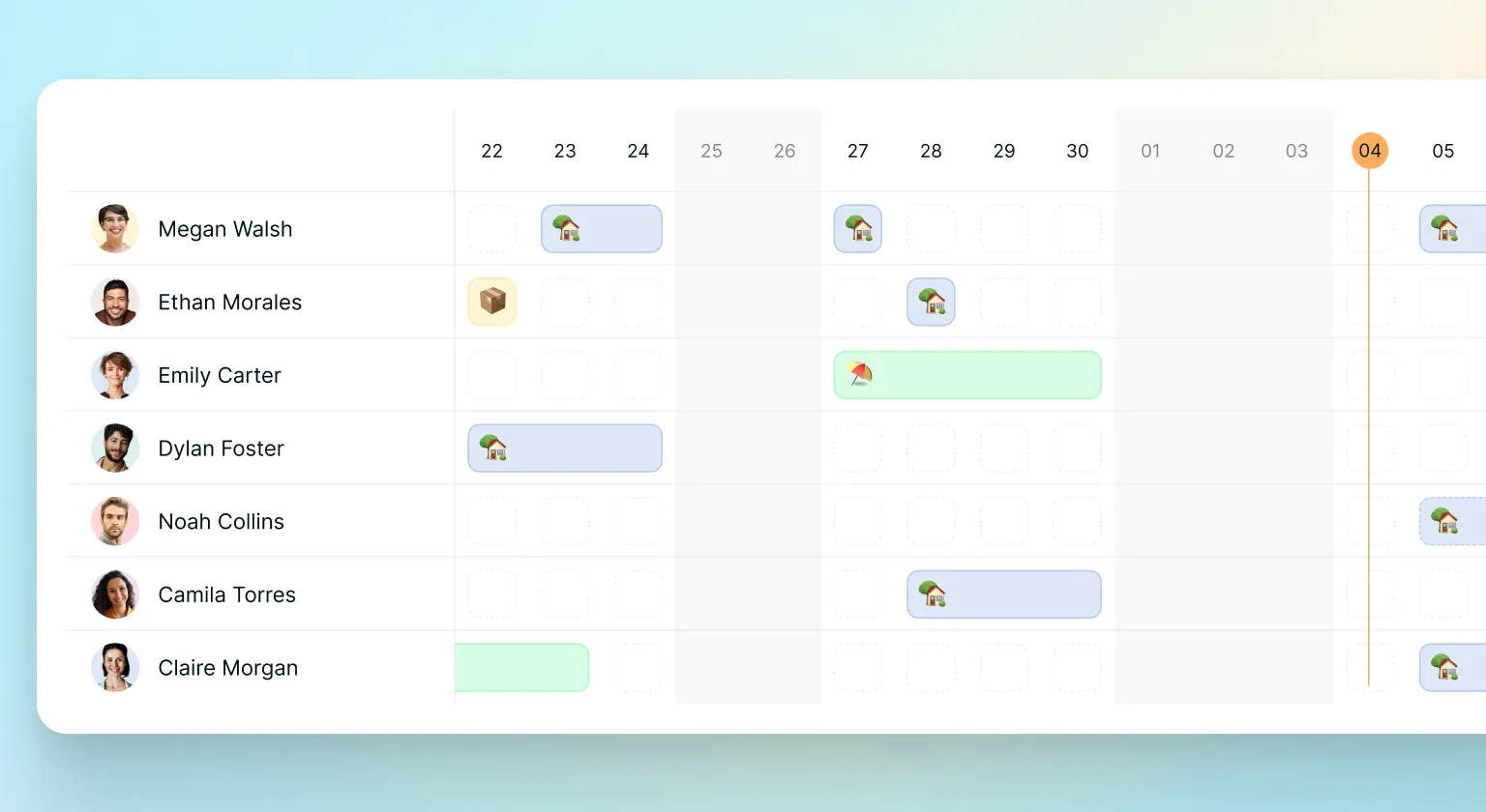 Kinmu team calendar showing who is in the office, working remotely and on leave