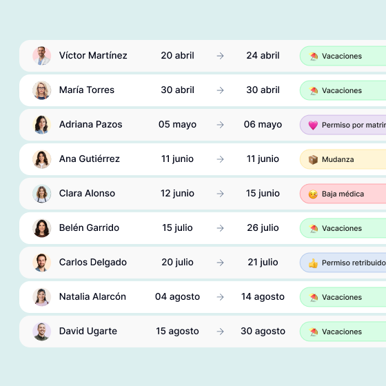 Listado de solicitudes del equipo en Kinmu
