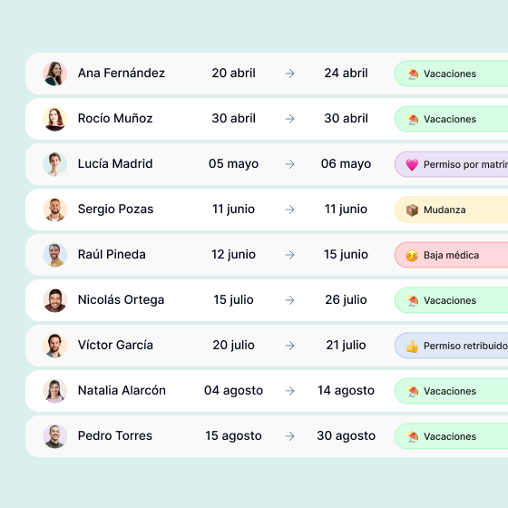 Listado de solicitudes del equipo en Kinmu