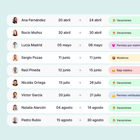 Listado de solicitudes del equipo en Kinmu