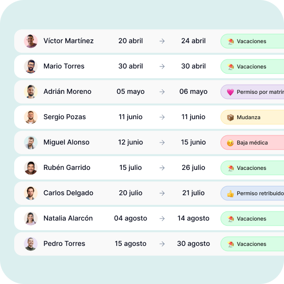 Listado de solicitudes del equipo en Kinmu