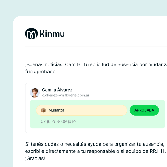 Notificación de aprobación de ausencia en Kinmu