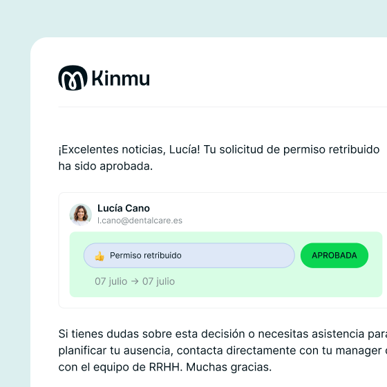 Notificación de aprobación de ausencia en Kinmu