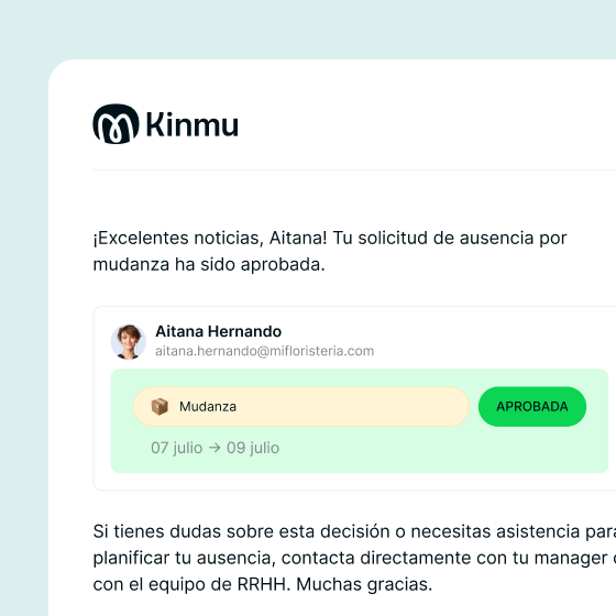 Notificación de aprobación de ausencia en Kinmu