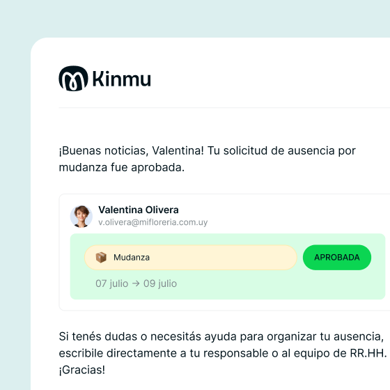 Notificación de aprobación de ausencia en Kinmu